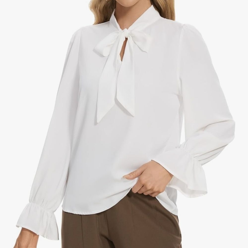 VIPONES Elegant White Bow Tie Blouse Size S
